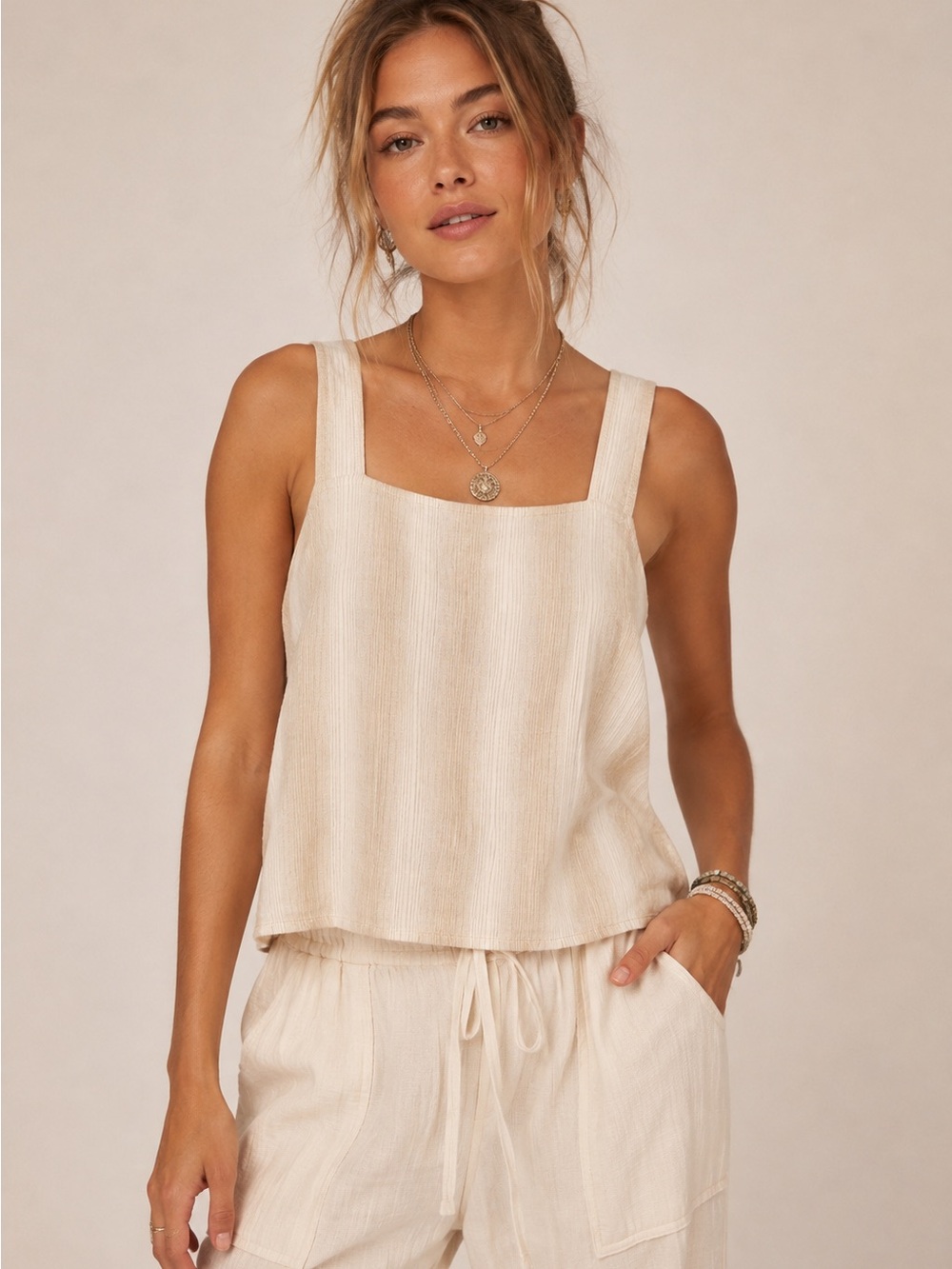 NWT Bella Dahl Island Beige Oversized Stripe Linen Blend Button Back Tank Top